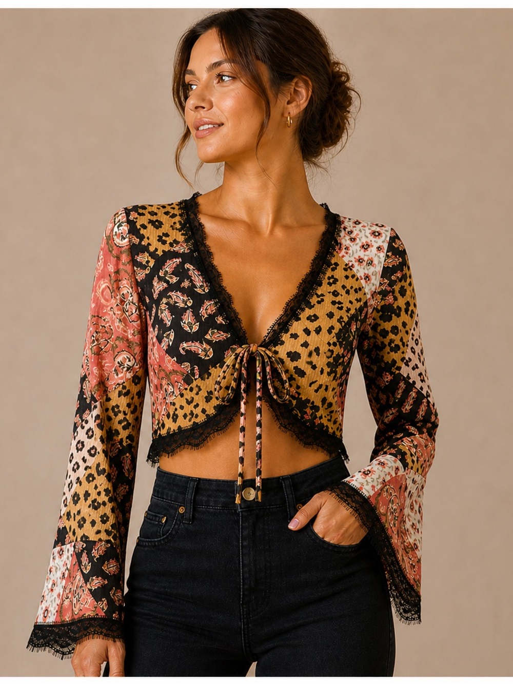 ASOS Design Patchwork Animal Floral Print Tie Front Crop Top Black Size 2